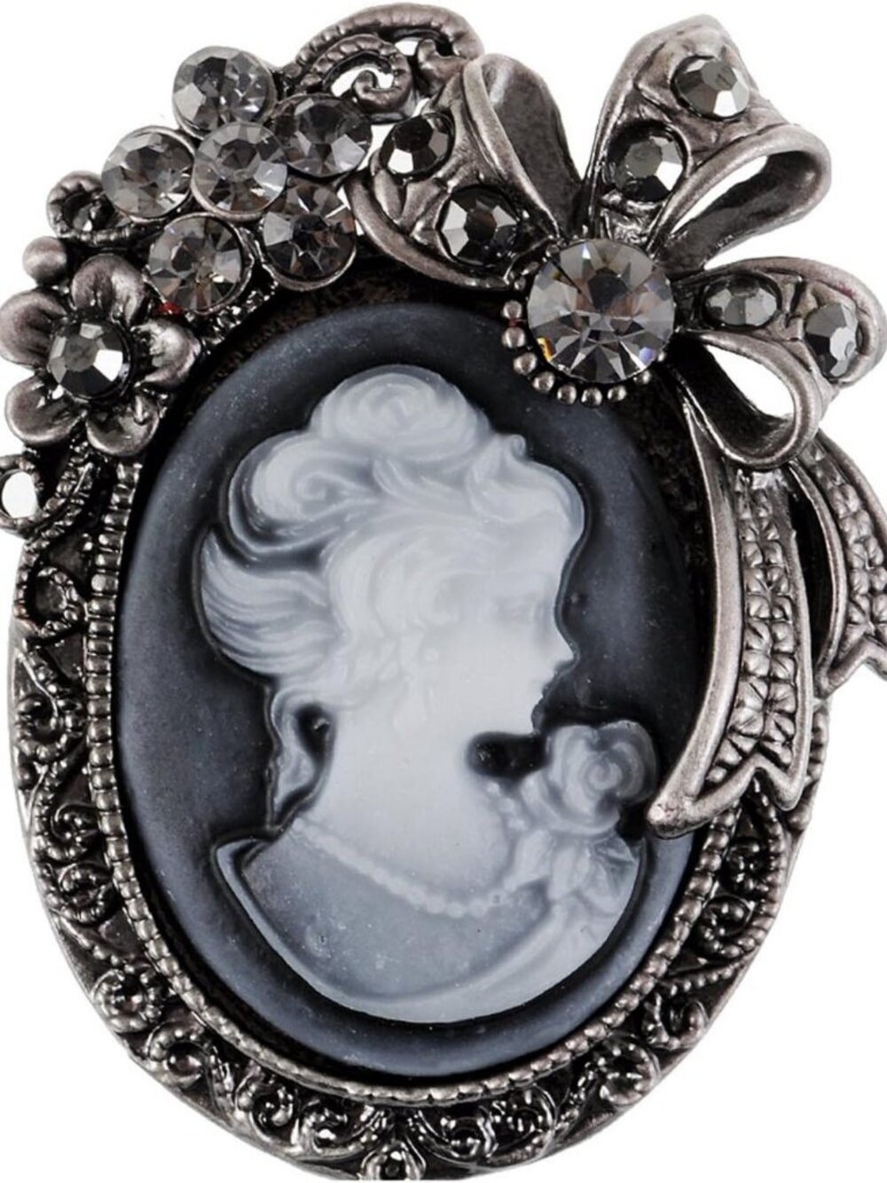 Vintage Crystal Rhinestone Victorian Cameo Brooch Pin with Flower Ribbon Bow